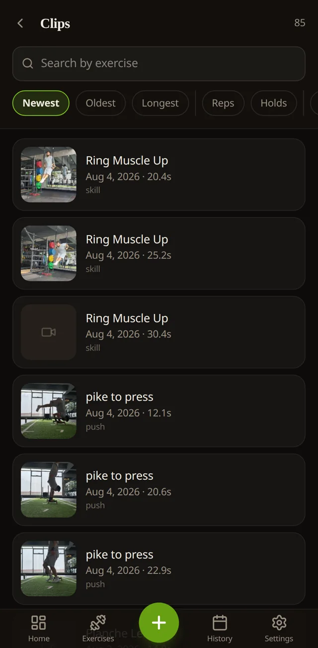 Tuck's clip library: today's ring muscle-ups and pike to press, each with a measured duration